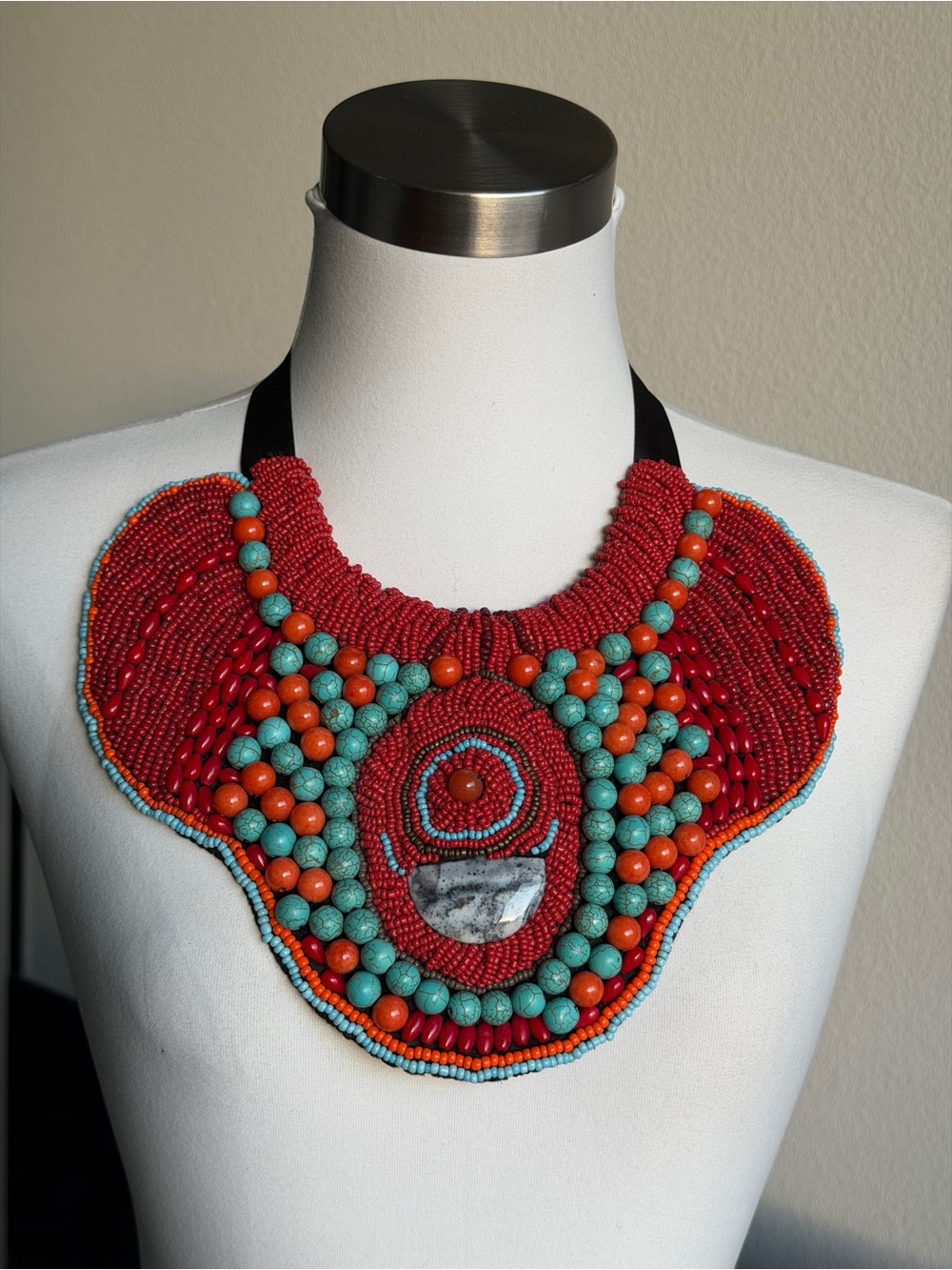 Handcrafted Beaded Statement Necklace in Red, Turquoise & Orange